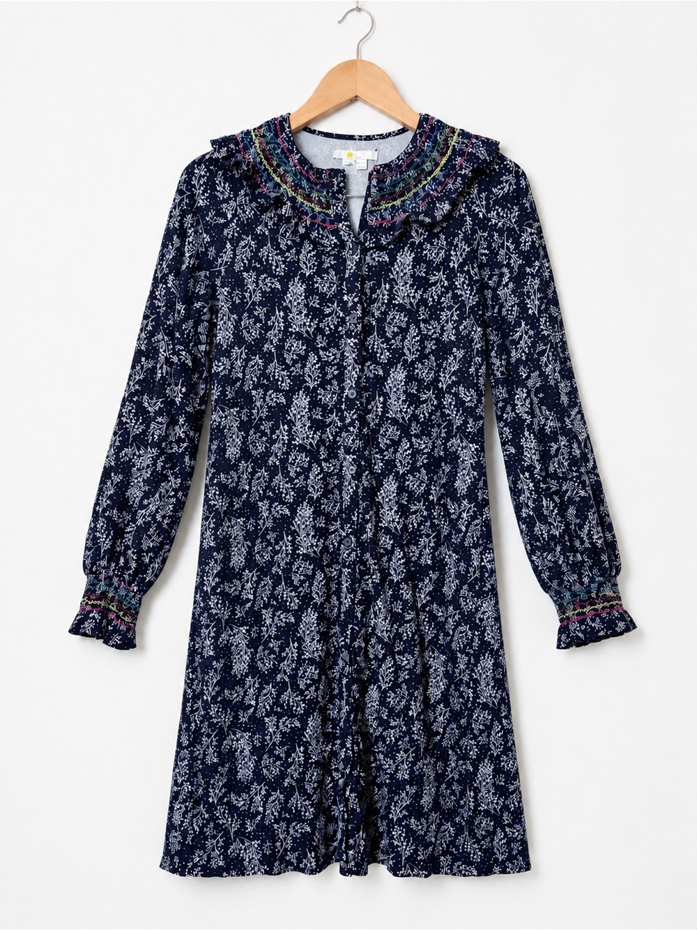 Boden size 10 Navy Floral Long-Sleeve Ruffled Collar Dress
